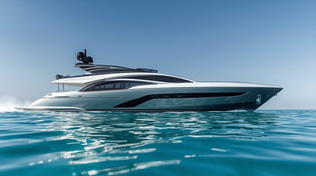Side view render of the Custom Line Saetta 128 superyacht, focusing on its innovative planing hull that enables high speeds and efficient performance in luxury yachting.