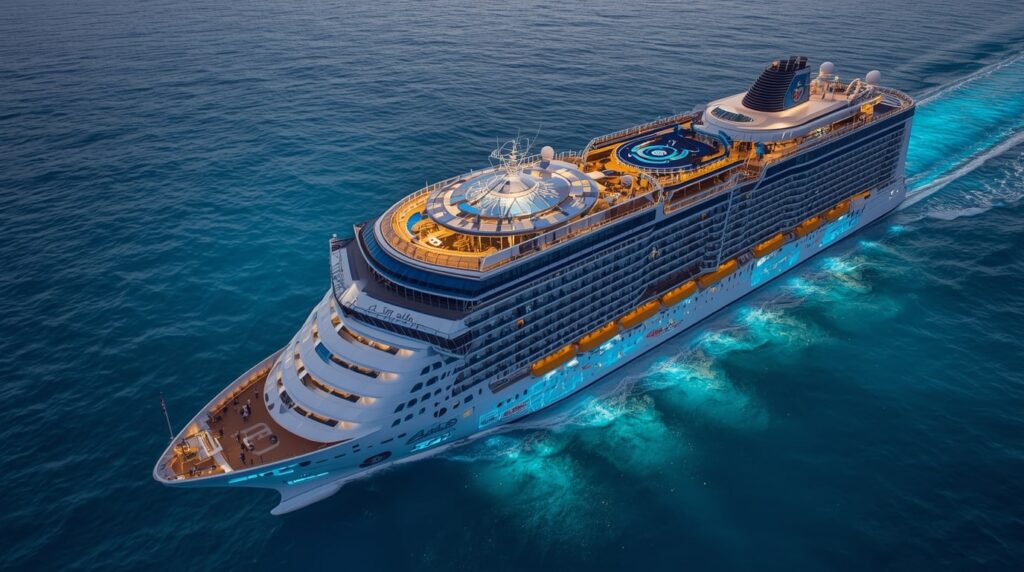 Futuristic Royal Caribbean cruise ship with AI interactive shows, smart ship technology, and immersive entertainment features on deck during a 2026 voyage in the Caribbean.