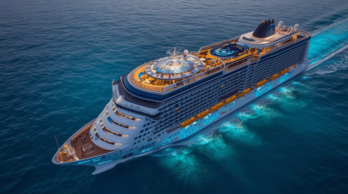 Futuristic Royal Caribbean cruise ship with AI interactive shows, smart ship technology, and immersive entertainment features on deck during a 2026 voyage in the Caribbean.