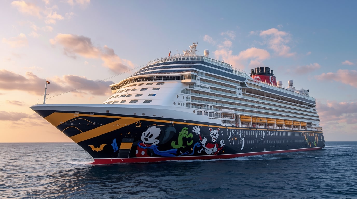 Striking exterior view of the Disney Destiny cruise ship, showcasing heroes and villains themes from Disney, Marvel, and Pixar, highlighting immersive storytelling in luxury cruising.