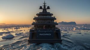 Rear exterior of Russian oligarch Alexey Mordashov’s $500 million superyacht Nord with satellite domes in Arctic