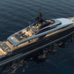 Conceptual artistic rendering of the 146-meter Project Defy superyacht, featuring sleek modern lines, extensive glazing, and a curved radar arch for an elegant and functional luxury yacht profile.