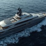 Futuristic hydrogen-powered superyacht gliding through crystal-clear waters, featuring advanced fuel cell technology and sustainable design, illustrating the rising demand for green luxury yachts by 2030.