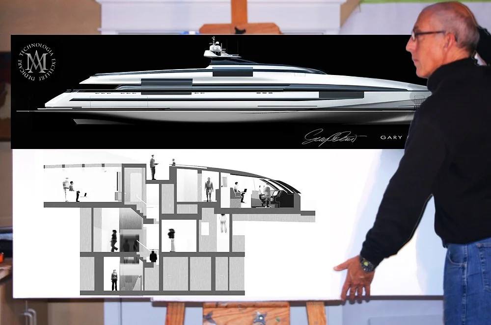 Designer presents a 153-metre hybrid superyacht concept showing exterior profile and interior cutaway layout