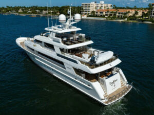 39.6-metre Westport motor yacht Bella Vita cruising at sea following her sale and renaming