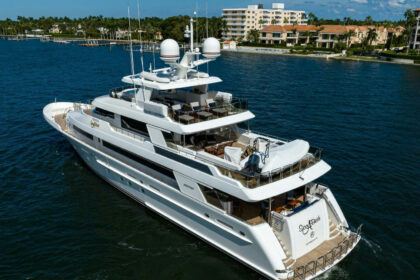 39.6-metre Westport motor yacht Bella Vita cruising at sea following her sale and renaming
