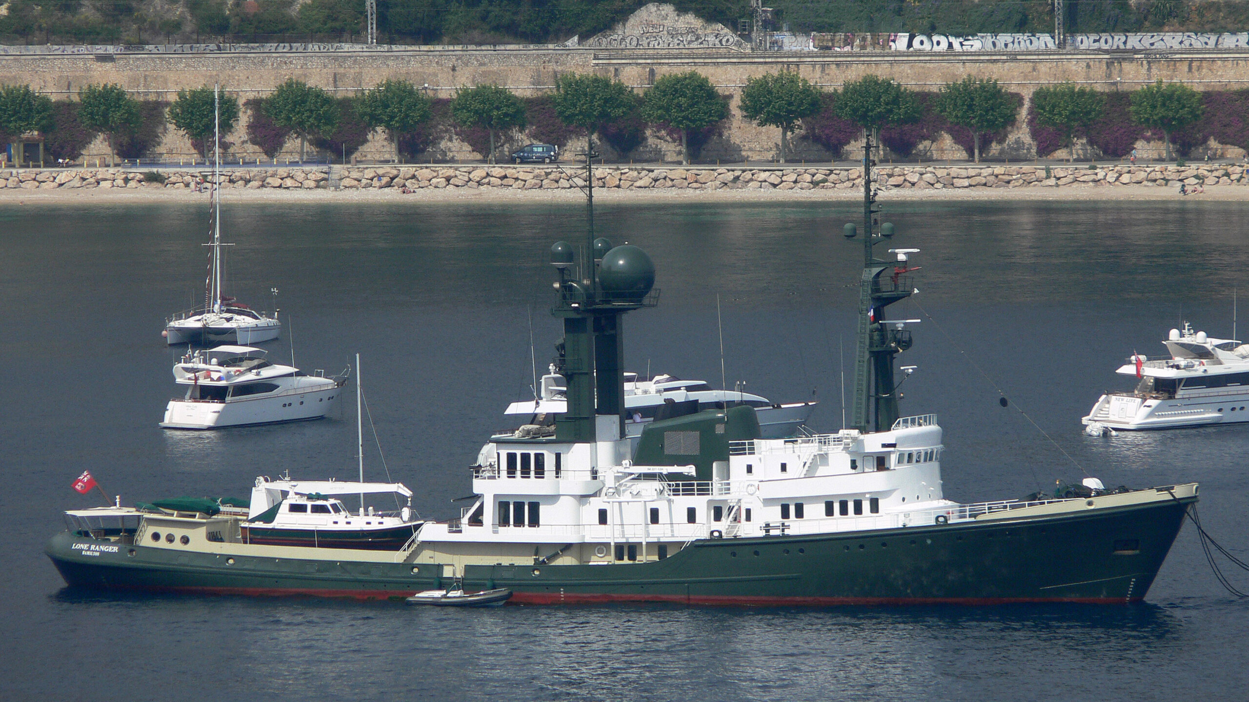 77-metre converted expedition yacht Sea Ranger anchored in harbor following reported sale