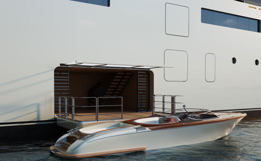 Amangati yacht tender garage with luxury speedboat
