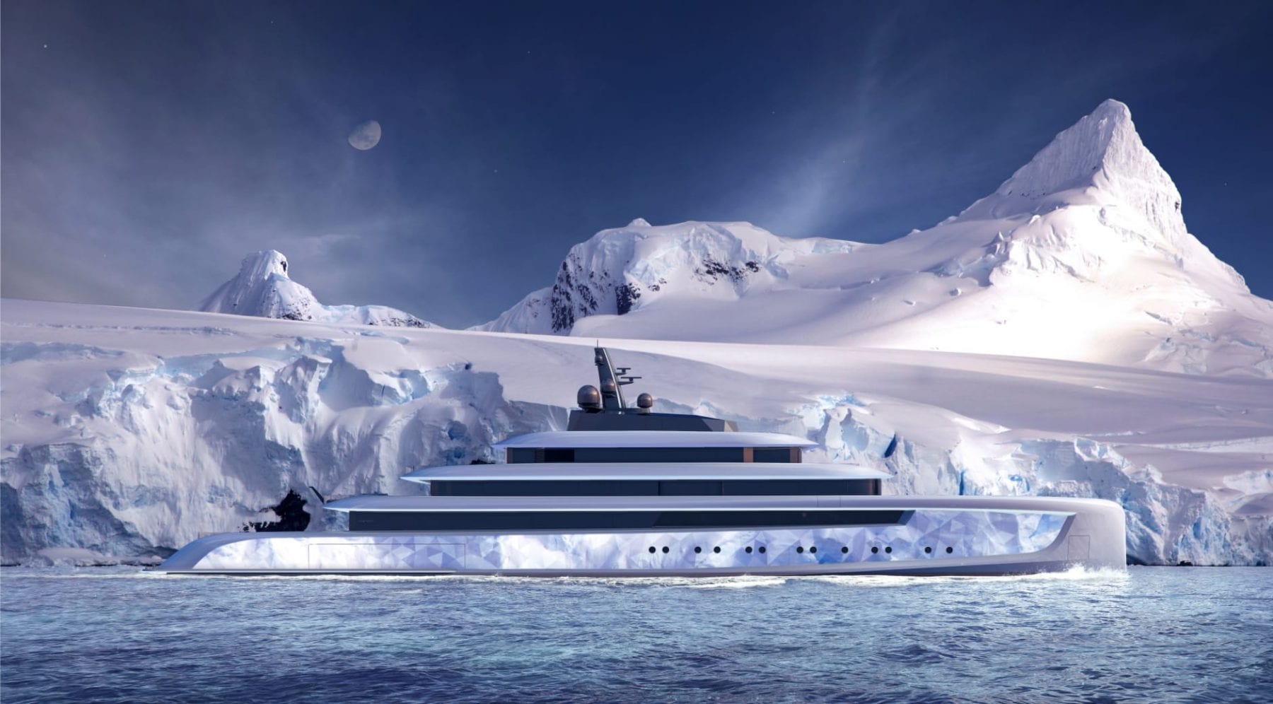 Amels-built 60-metre superyacht Moonstone cruising in polar waters surrounded by ice formations