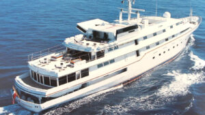 Aerial view of the superyacht Trump Princess, the former luxury yacht once owned by Donald Trump, cruising at sea