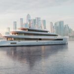 Feadship Etherea 76m superyacht concept anchored with a modern city skyline in the background