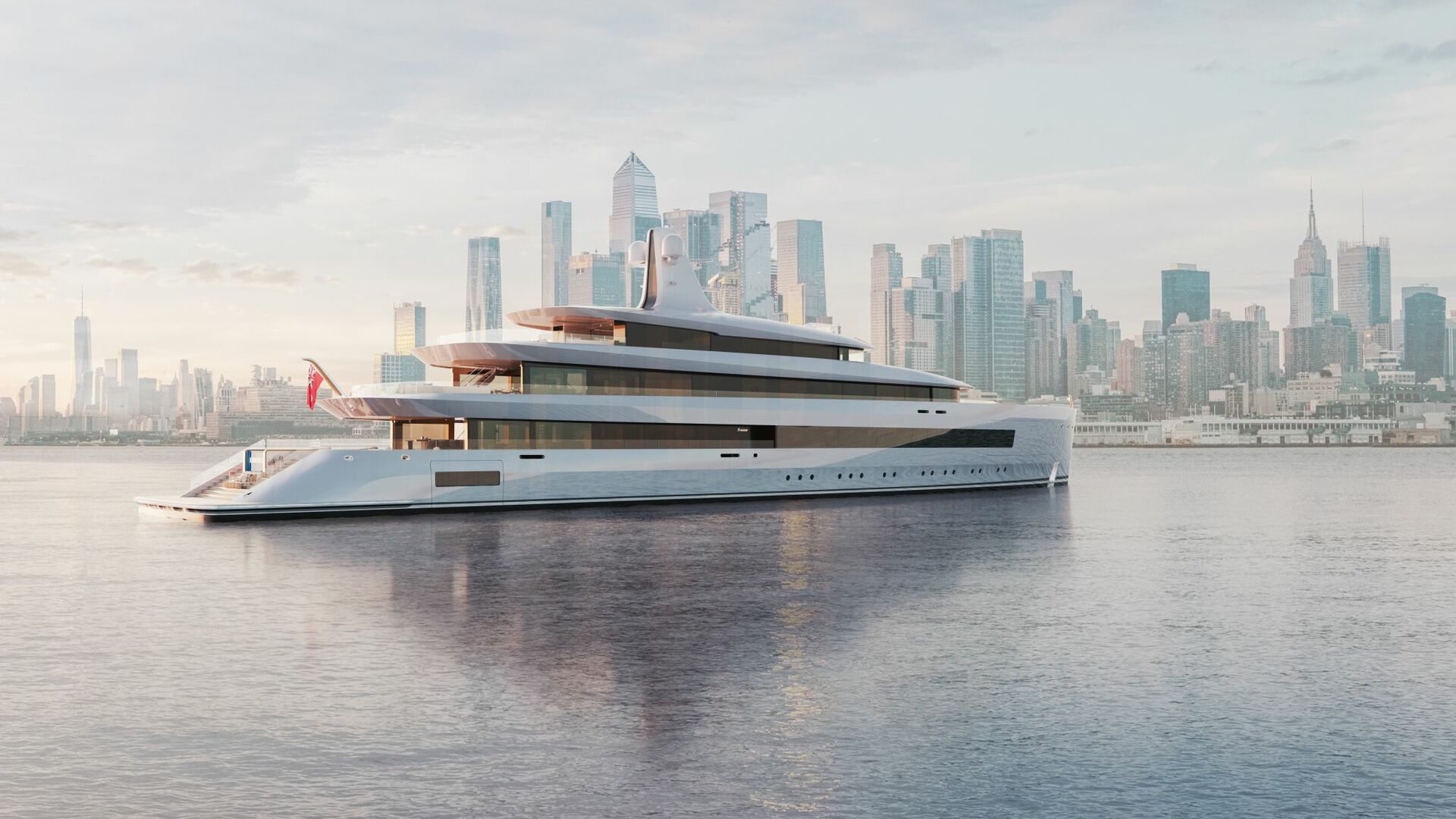 Feadship Etherea 76m superyacht concept anchored with a modern city skyline in the background