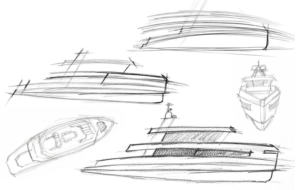 Early design sketches of Hoia100 explorer yacht concept