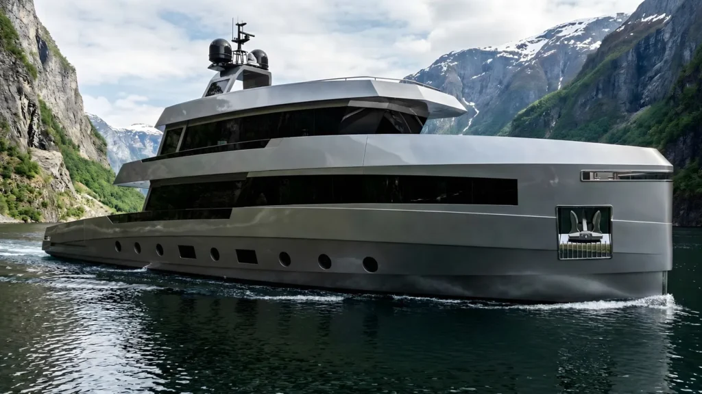 Hoia100 explorer yacht concept side view in fjord