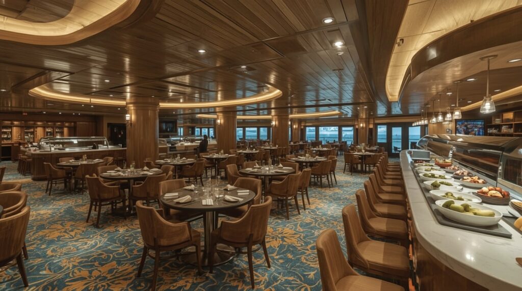 Passengers wearing masks in empty buffet line aboard AIDAdiva during norovirus outbreak on 133-night world cruise, December 2025