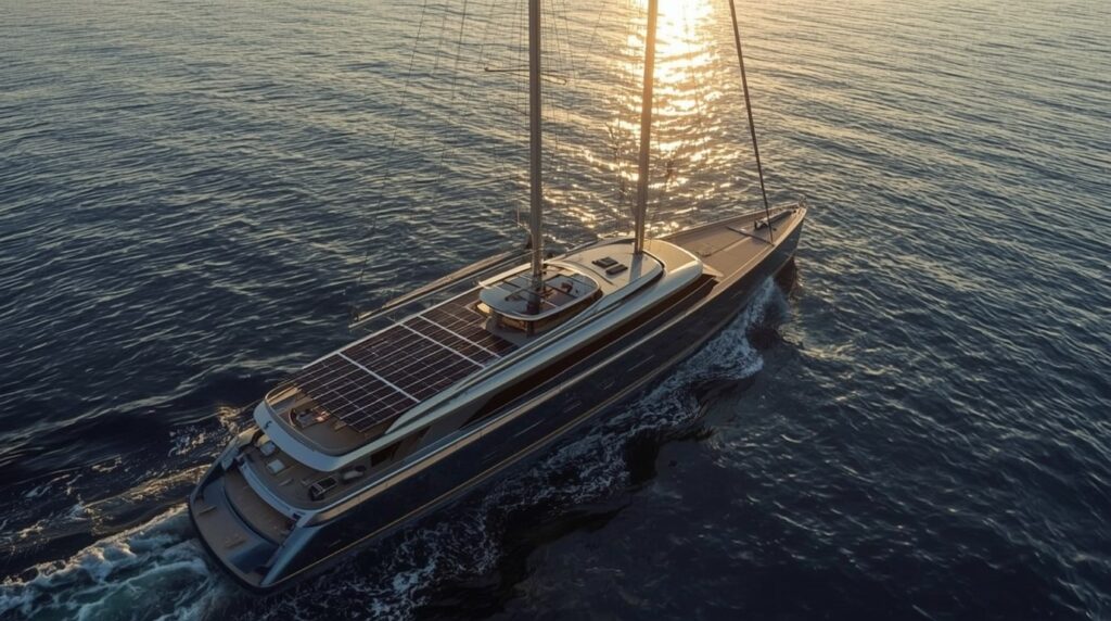 A sleek, modern 90-metre sailing superyacht with towering carbon-neutral DynaRig sails glides across calm tropical waters at sunrise. Expansive solar-panel surfaces shimmer across the deckhouse and hardtops, while the hull’s metallic deep-ocean blue finish reflects the golden sky. No exhaust is visible; only a faint wake and the soft curve of the sails disturb the mirror-like sea.