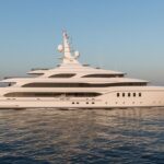 Side view of the 117-meter Lürssen superyacht Boardwalk displaying clean classical lines six decks and timeless elegance in luxury yacht architecture.