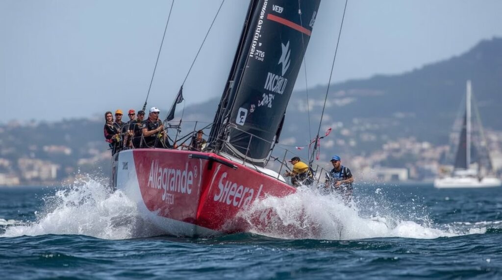 Italian skipper Ambrogio Beccaria celebrates winning Leg 4 of The Ocean Race Europe 2025 in Genoa, Italy, aboard Allagrande Mapei IMOCA 60 yacht at dawn on December 5, 2025