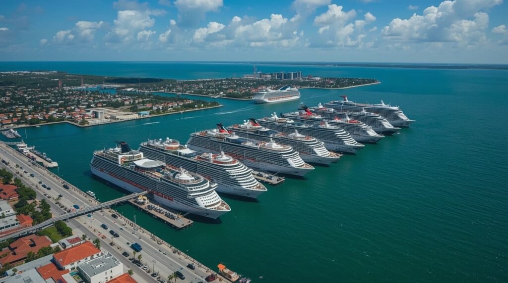 Aerial view of Port Canaveral packed with five mega cruise ships including Royal Caribbean’s Icon of the Seas and Disney Wish, celebrating 8.6 million passengers in 2025