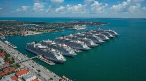 Aerial view of Port Canaveral packed with five mega cruise ships including Royal Caribbean’s Icon of the Seas and Disney Wish, celebrating 8.6 million passengers in 2025
