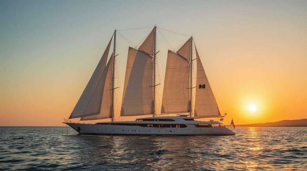 The iconic 88-meter superyacht Maltese Falcon sailing at sunset with its revolutionary DynaRig sails fully deployed, now part of Jumeirah Privé luxury yacht collection in December 2025
