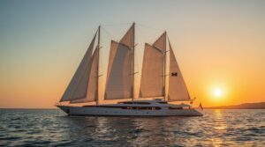 The iconic 88-meter superyacht Maltese Falcon sailing at sunset with its revolutionary DynaRig sails fully deployed, now part of Jumeirah Privé luxury yacht collection in December 2025