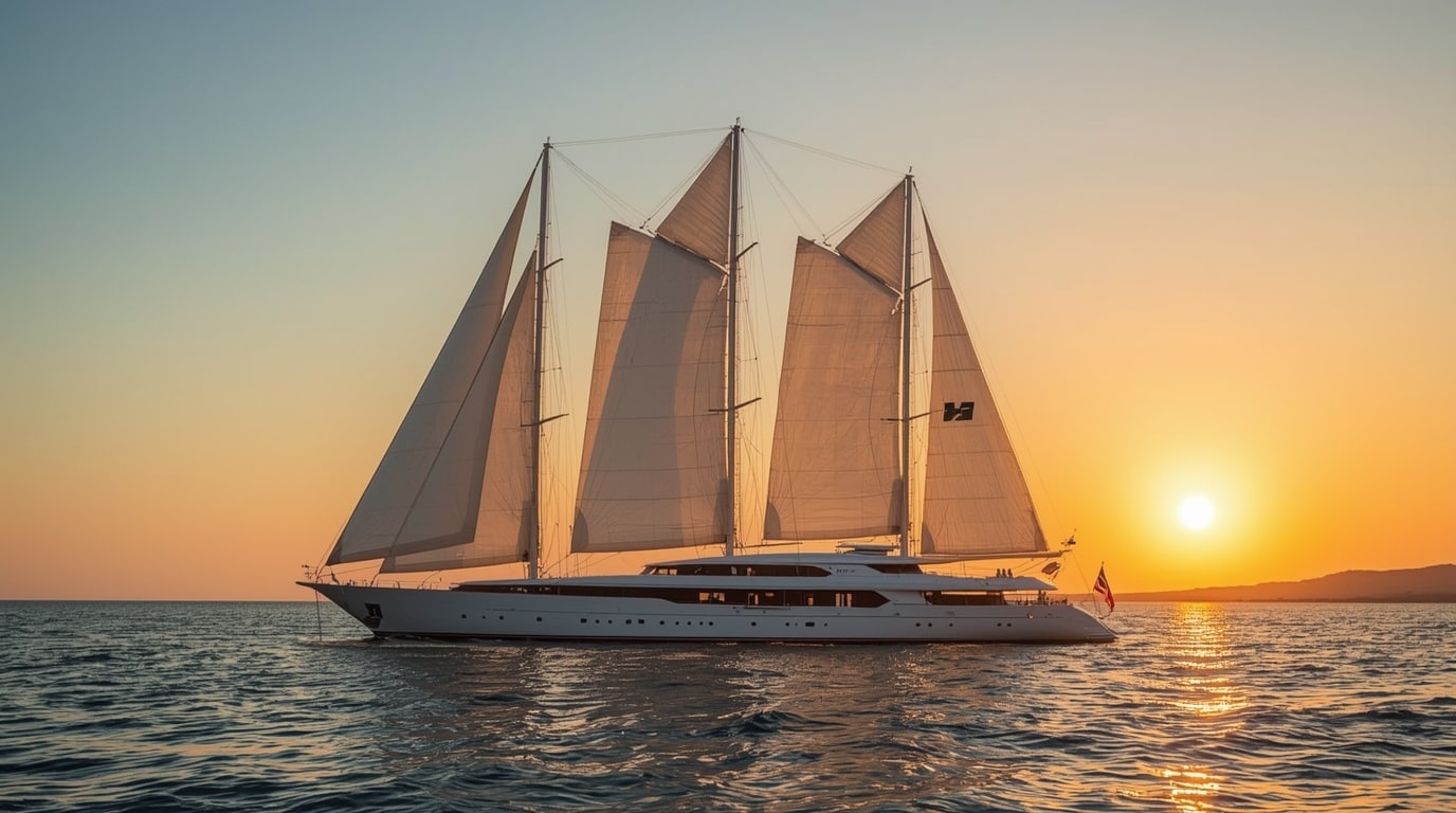 The iconic 88-meter superyacht Maltese Falcon sailing at sunset with its revolutionary DynaRig sails fully deployed, now part of Jumeirah Privé luxury yacht collection in December 2025