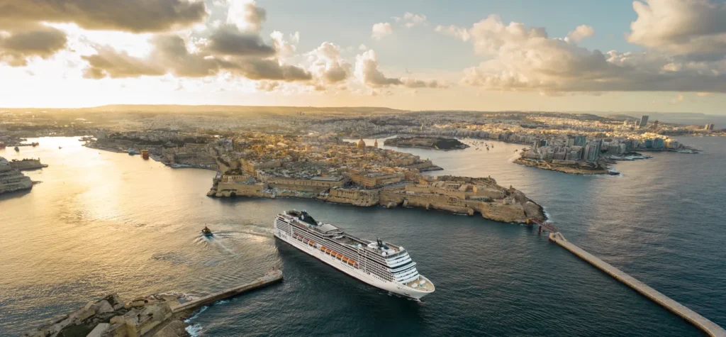 MSC Magnifica cruise ship sailing near Valletta Harbor, Malta, during golden hour ahead of its winter world cruise