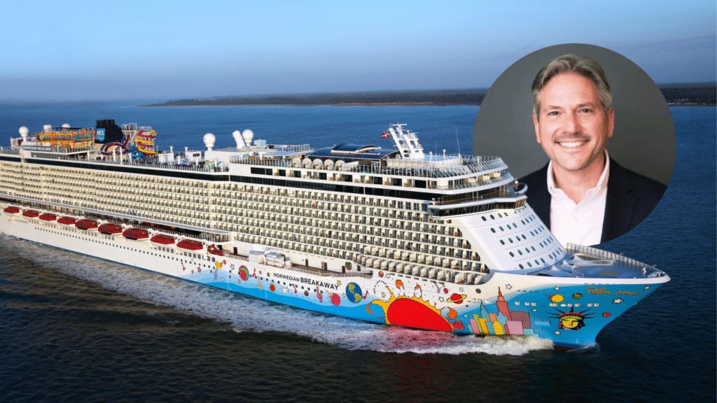 Norwegian Breakaway cruise ship sailing at sea with a portrait of Marc Kazlauskas, the newly appointed president of Norwegian Cruise Line, overlaid in the top-right corner