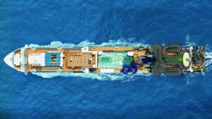 Aerial top-down view of a Norwegian Cruise Line ship showing deck layout and onboard attractions