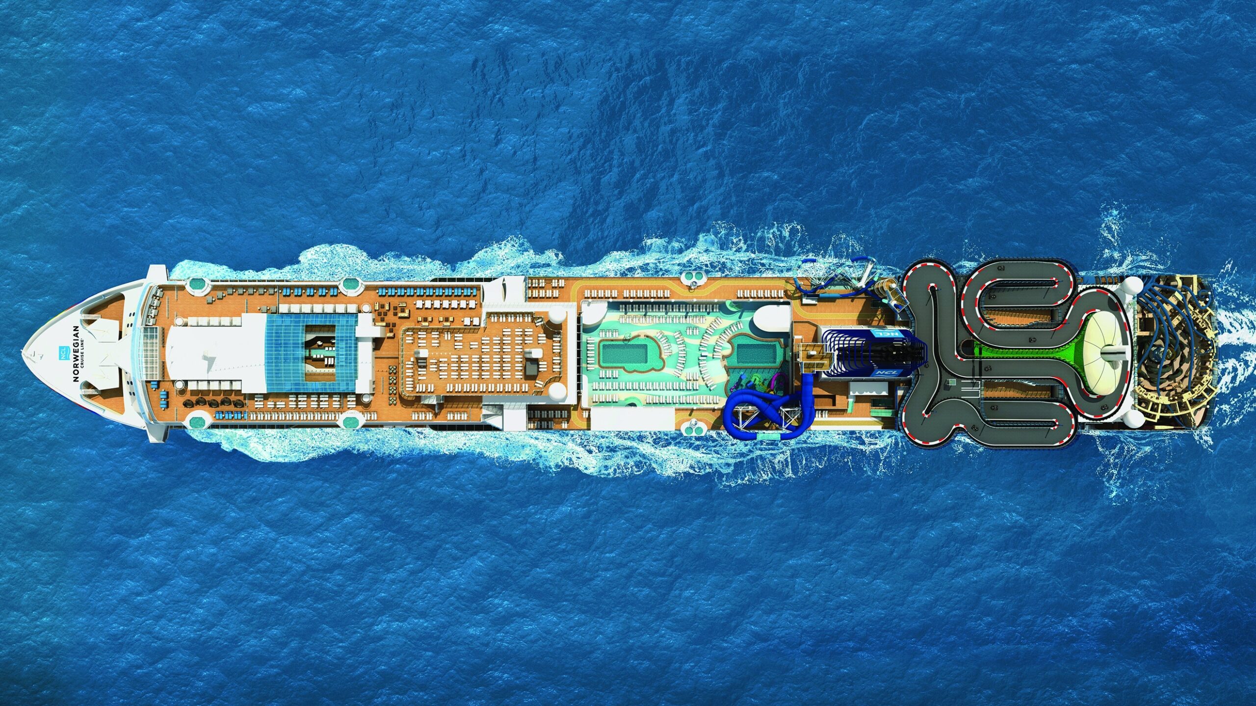 Aerial top-down view of a Norwegian Cruise Line ship showing deck layout and onboard attractions