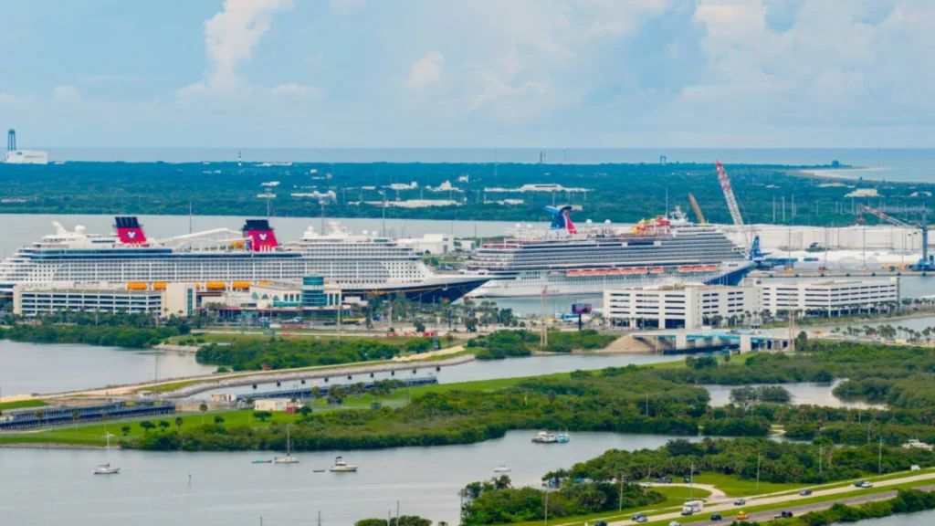 Port Canaveral cruise terminals with multiple cruise ships docked, Florida