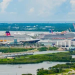 Port Canaveral cruise terminals with multiple cruise ships docked, Florida
