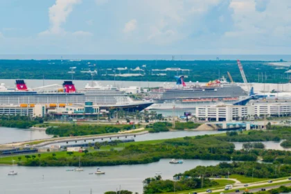 Port Canaveral cruise terminals with multiple cruise ships docked, Florida