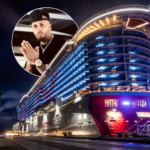 Virgin Voyages cruise ship at night with Nicky Jam featured, highlighting the successful Nicky Jam music sailing