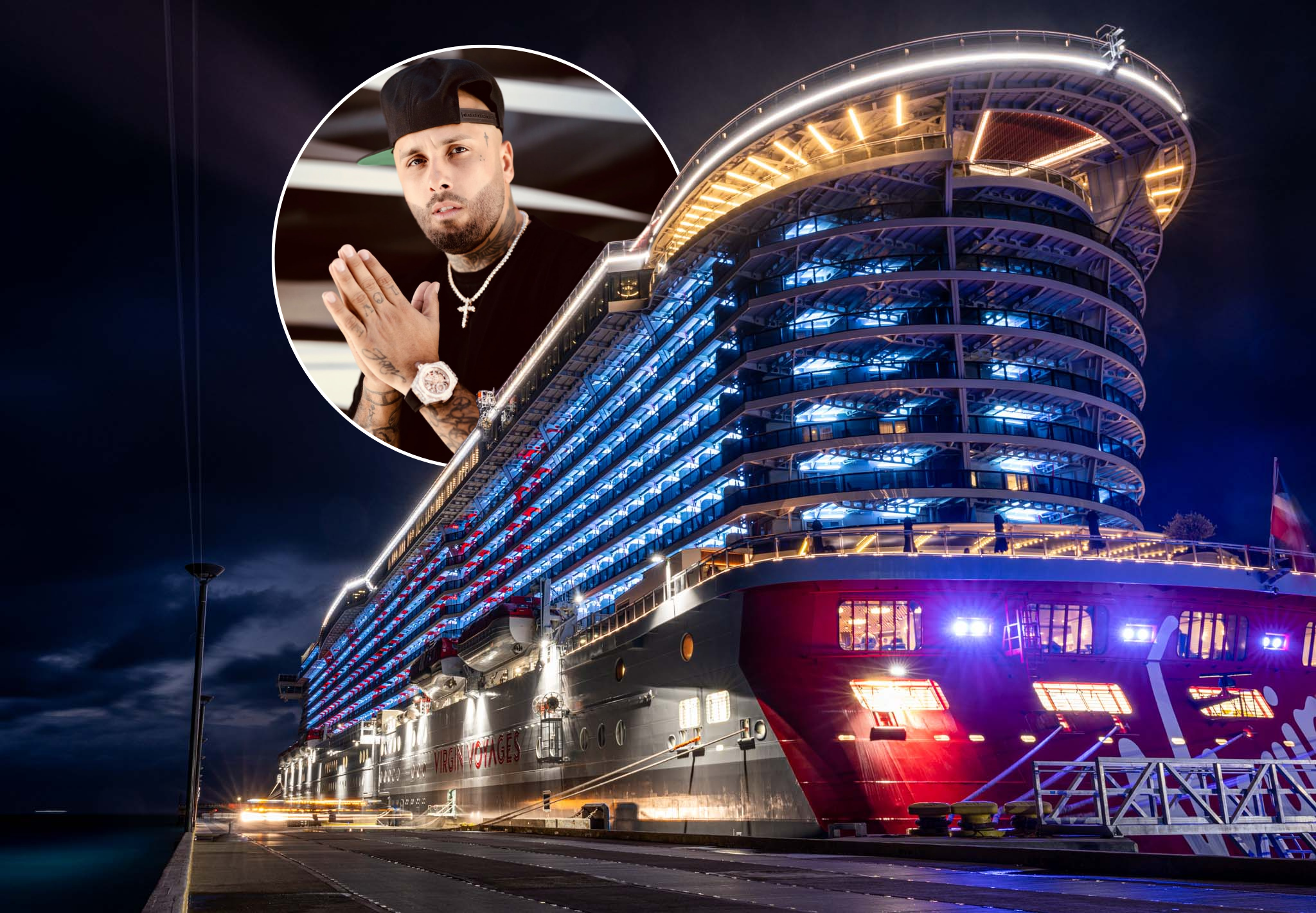 Virgin Voyages cruise ship at night with Nicky Jam featured, highlighting the successful Nicky Jam music sailing