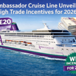 Ambassador Cruise Line cruise ship promoting 2026 trade incentives, offering £20 per booking and weekly £500 prizes for travel agents