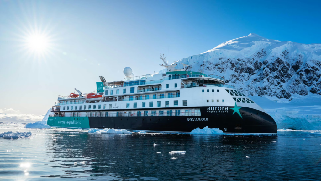 Aurora Expeditions’ expedition ship Sylvia Earle sailing through polar waters during the line’s 35th anniversary season