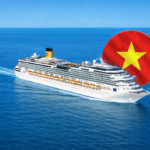 Costa Serena cruise ship sailing at sea with a Vietnam flag graphic in the background, marking the first cruise visit to Vietnam in 2026.