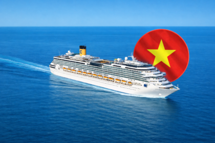 Costa Serena cruise ship sailing at sea with a Vietnam flag graphic in the background, marking the first cruise visit to Vietnam in 2026.