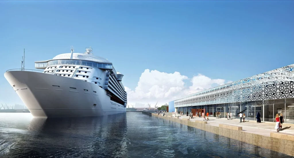 Cruise ship docked at a newly developed cruise terminal showcasing modern port infrastructure and passenger facilities