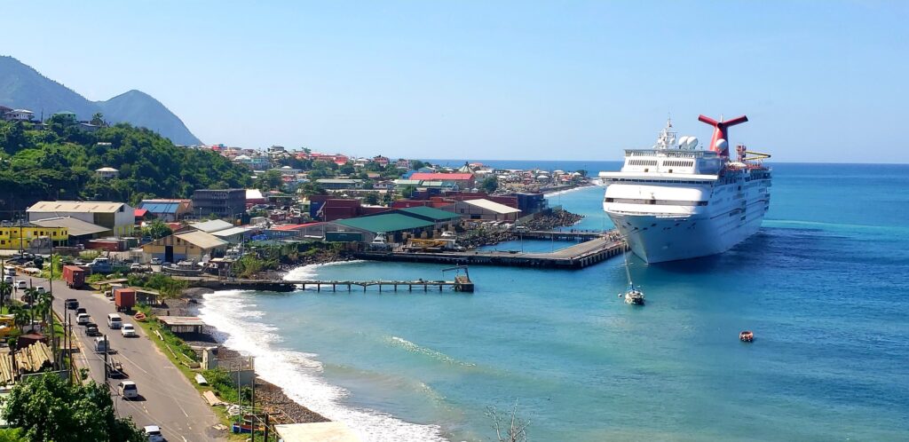 Cruise ship docked at Port of Roseau, Dominica during a maiden call in January