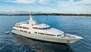 Feadship built 55 metre superyacht Olympus cruising at anchor after being sold
