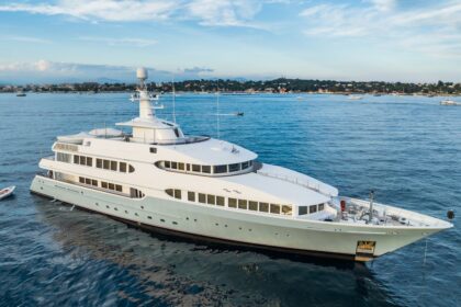 Feadship built 55 metre superyacht Olympus cruising at anchor after being sold