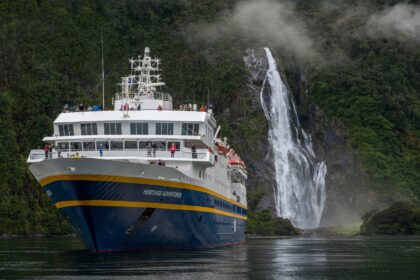 Heritage Expeditions ship sailing along the remote Kimberley Coast in Australia