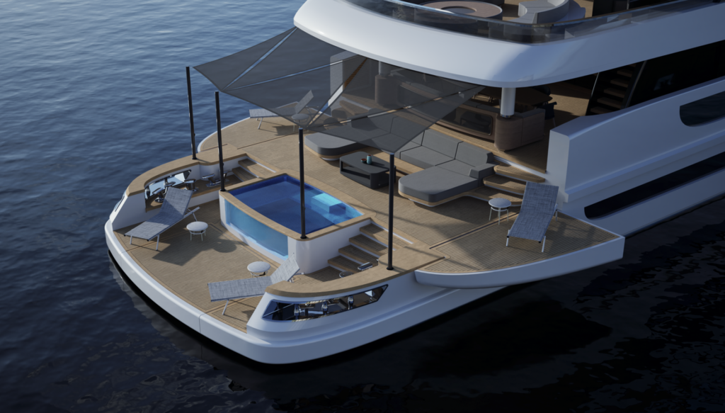 Lazzara UHV 160 superyacht aft beach club with pool and lounge area