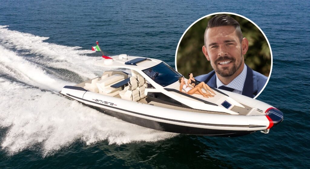 High-speed luxury motor yacht cruising at sea with an inset portrait of yacht sales broker Tony Lazzara, newly appointed to FGI’s brokerage team