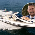 High-speed luxury motor yacht cruising at sea with an inset portrait of yacht sales broker Tony Lazzara, newly appointed to FGI’s brokerage team