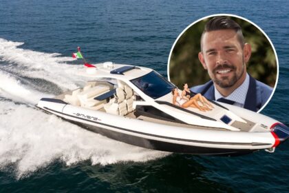High-speed luxury motor yacht cruising at sea with an inset portrait of yacht sales broker Tony Lazzara, newly appointed to FGI’s brokerage team