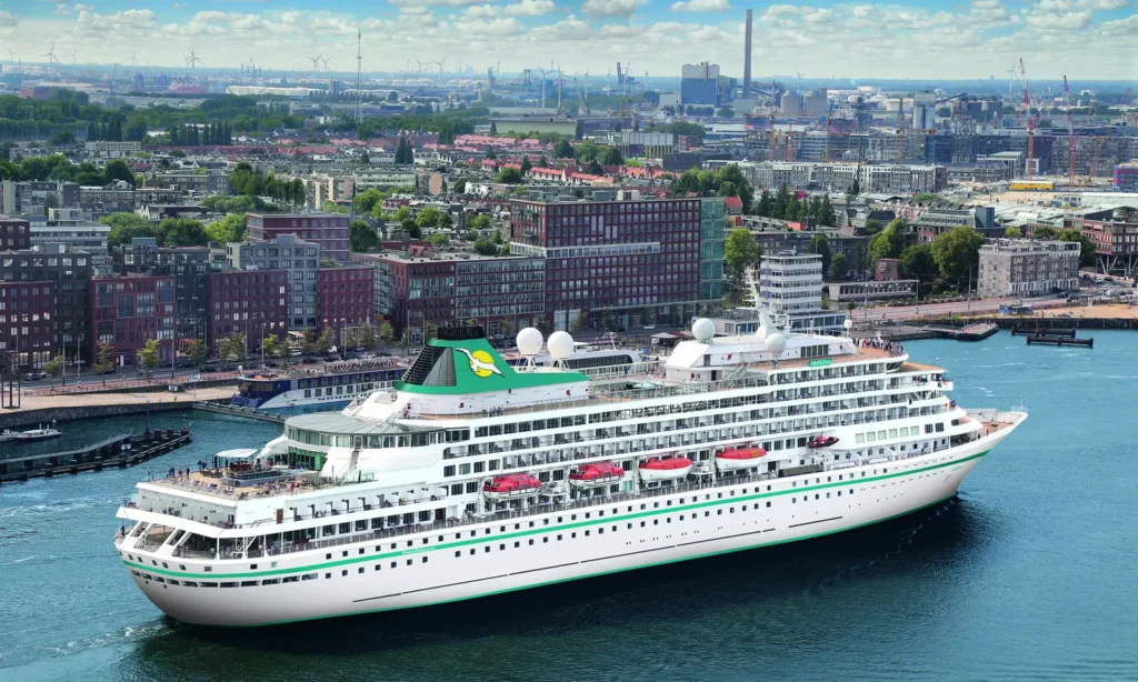 MS Amera cruise ship sailing from Europe at the start of Phoenix Reisen’s 134-night world cruise, featuring extended global itineraries across multiple continents.